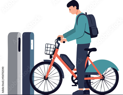 Man using electric bike charging station urban transportation and sustainable travel vector illustration 