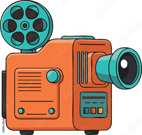 Vintage film projector vector illustration with orange and teal colors retro style 
