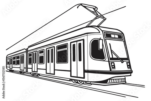 Monochrome Illustration of an Electric Tramway with Multiple Cars and Overhead Power Lines on a Bright White Background Depicted in Black and White