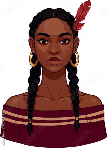 Portrait of young woman with braided hair and feather accessory in maroon top vector illustration 