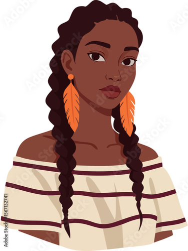 Woman with braided hair wearing off shoulder striped top and orange feather earrings vector illustration 