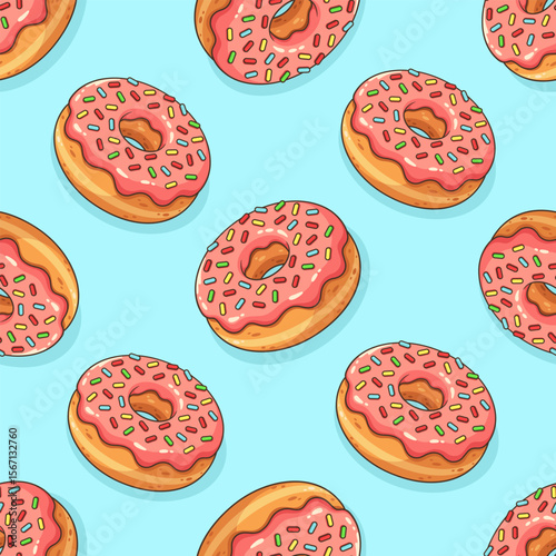 Cartoon donuts with pink glaze and colorful sprinkles on blue background. Vector seamless pattern.