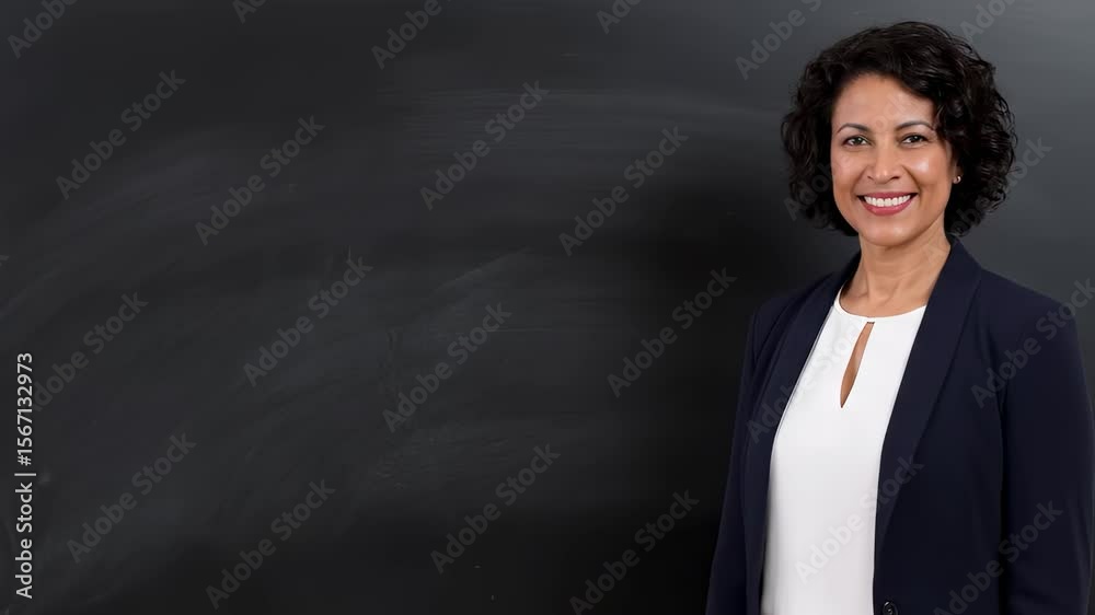 Professional woman smiling confidently in front of black chalkboard  