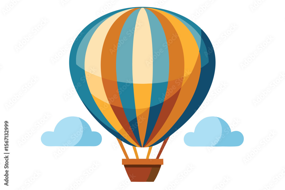 Obraz premium Whimsical Hot Air Balloon Voyage Cartoon Image Colorful Striped Balloon Basket Clouds Against a Bright White Sky Background