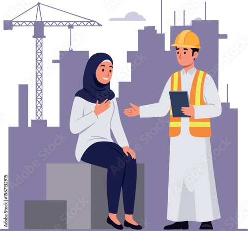 Construction engineer and woman in hijab discussing project at building site vector illustration 
