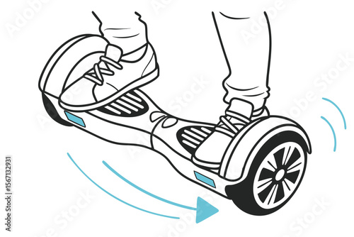 Line Art Hoverboard Illustration of Person Balancing and Moving Forward with Blue Arrow and Additional Directional Cues