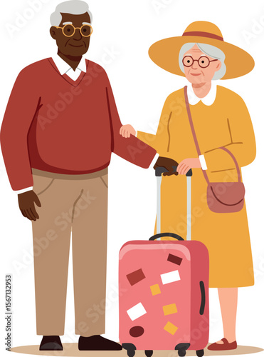 Elderly couple traveling with suitcase holding hands in casual clothing vector illustration 