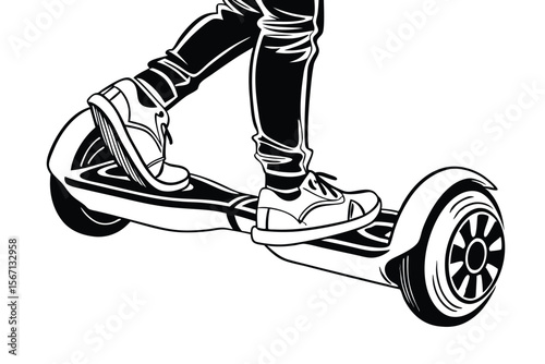 Person Riding a Hoverboard with Style and Flair in Black and White Artistic Rendition