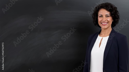 Professional woman smiling confidently in front of black chalkboard  