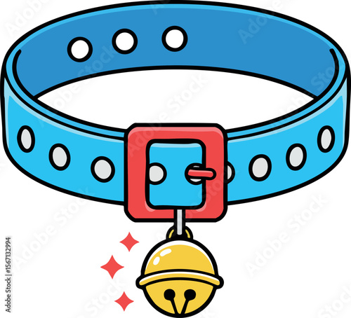 Blue pet collar with red buckle and yellow bell vector illustration 