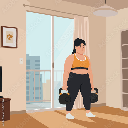 Woman exercising with kettlebells in home gym fitness workout vector illustration 