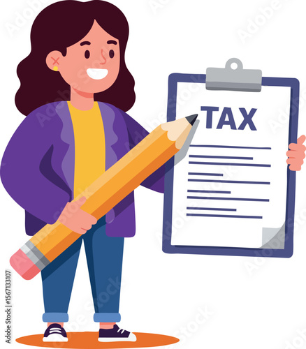 Woman holding large pencil and tax form clipboard vector illustration with casual outfit and smiling expression 