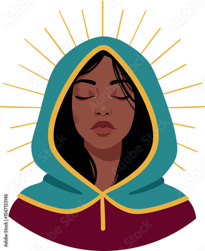 Woman with teal hooded cloak surrounded by golden rays serene portrait vector 