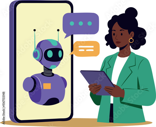 Woman interacting with purple robot chatbot on smartphone screen vector illustration 