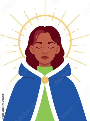 Woman with blue cloak and golden halo spiritual illustration vector design 