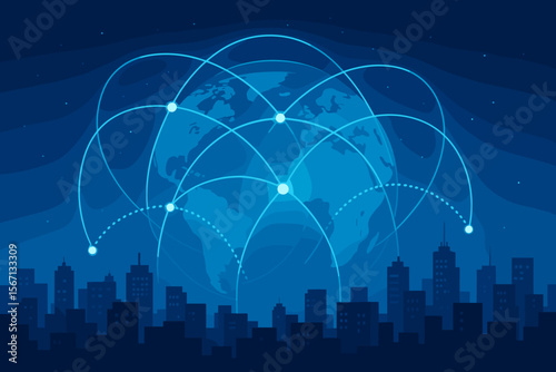 Global telecommunication network connection concept. Wireless communication and cyber technology over a city. Internet modernization and big data exchange on a dark blue background.