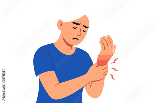Woman suffering from acute wrist pain. Character holding aching hand with red inflammation zone. Medical concept for carpal tunnel syndrome, arthritis, sprain, tendinitis. Vector.