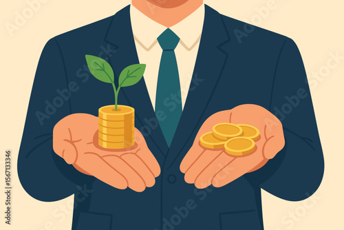 Businessman holding plant growing from stack of coins. Money growth, financial investment, and savings concept. Business success, wealth, profit, and ROI metaphor vector illustration.
