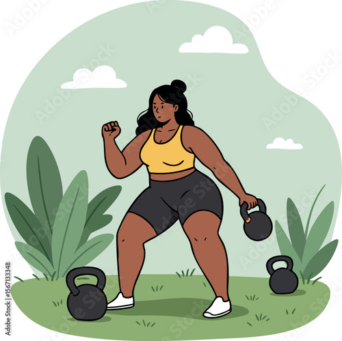 Woman exercising with kettlebell outdoors in nature fitness training vector illustration 