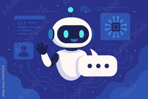 AI chatbot technology concept. Friendly robot virtual assistant for online customer support. Artificial intelligence, machine learning, futuristic communication, software development.