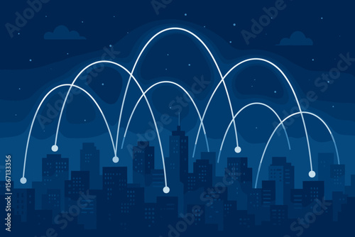 Smart city concept with global network connections. Abstract wireless communication and telecommunication over a futuristic cityscape. Cyber technology, data transfer, and internet modernization.