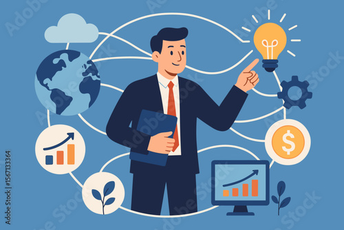 Global business management concept. Businessman connecting network for investment project strategy. Innovation idea, technology development, financial growth, sustainable development.