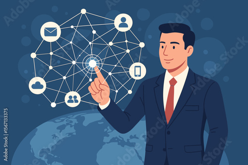 Businessman touching global network connection. Data exchange, communication technology for internet business. Social media, cloud computing, Internet of Things. Digital transformation.