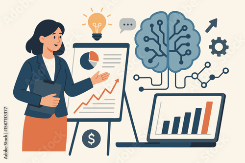 Artificial intelligence in business. Woman presenting marketing strategy with an AI brain, laptop, and charts. Concept of big data analysis, deep learning, and financial growth.