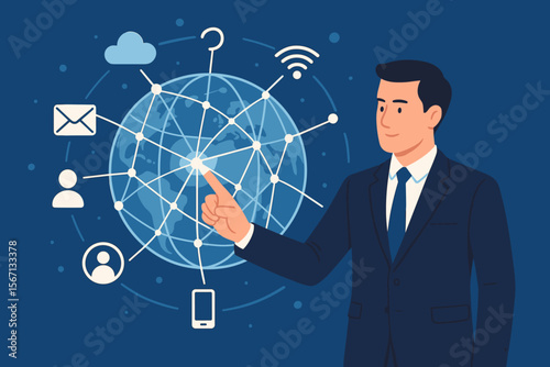 Businessman touching a global network for data exchange and connection. Communication technology for internet business, social media, cloud computing, and Internet of Things (IoT).