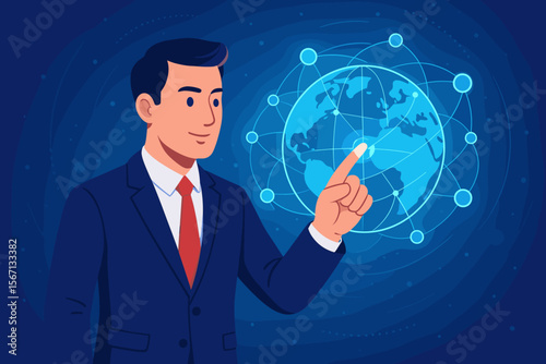 Businessman touching virtual global network connection, digital technology innovation, internet business, social network, big data analytics, quantum computing concept