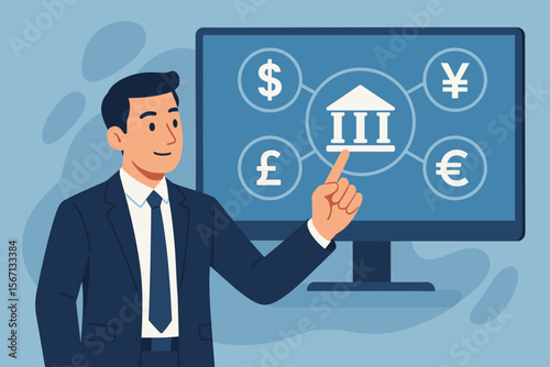 Fintech concept with businessman touching virtual interface. Central banking, forex trading, and international currency exchange with Dollar, Euro, Pound, and Yuan vector icons.