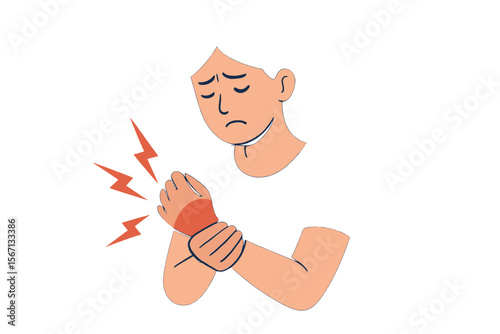 Person with wrist pain, joint inflammation concept. Symptom of arthritis, carpal tunnel syndrome, tendinitis or sprain. Medical healthcare problem and injury. Flat cartoon vector illustration.