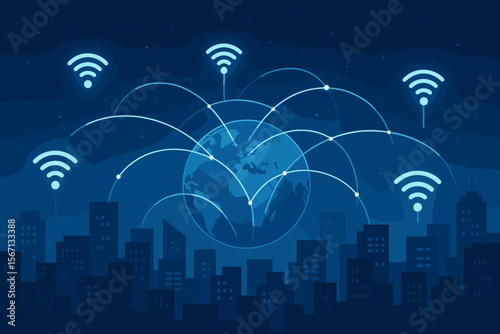 Global telecommunication network connection vector. Wireless communication, internet, and Wi-Fi technology concept. Abstract futuristic smart city with earth globe and data links.