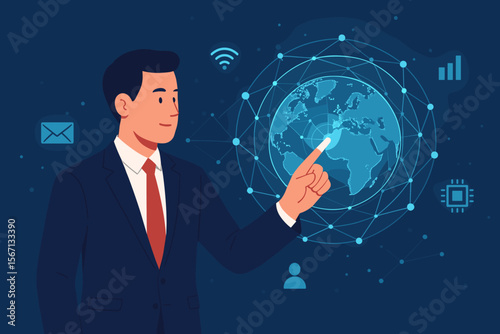 Businessman touching virtual global business network. Digital technology concept with internet connection, big data analytics, social network and innovation. Man in suit futuristic interface.