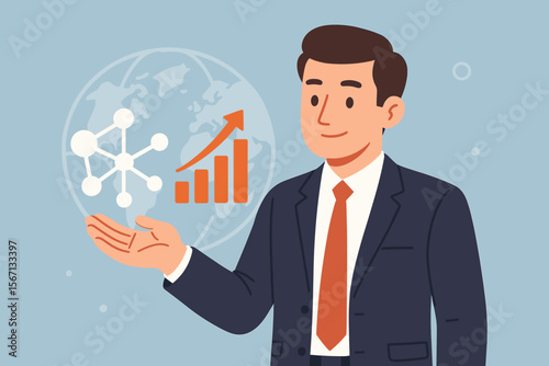 Businessman holding network connection symbol and business growth graph. Global economy, finance, and investment strategy. Data analytics, communication, and worldwide success concept.