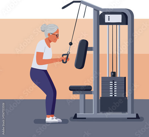 Senior woman exercising with cable machine in gym fitness workout vector illustration 
