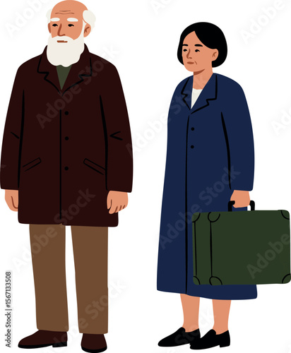 Elderly man and woman standing with suitcase in winter coats vector illustration 