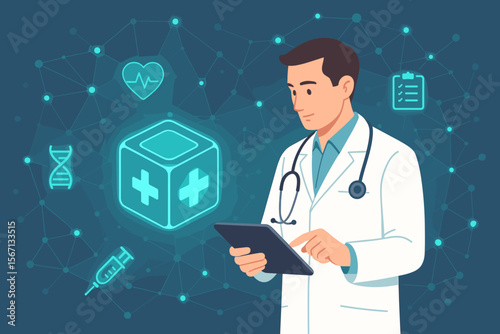 Doctor with a tablet managing digital medical records on a futuristic holographic interface. E-health, telemedicine, and healthcare innovation concept with network and glowing icons.