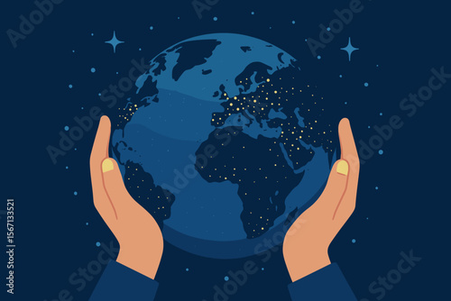 Save our planet concept with human hands holding the Earth globe at night. Environmental conservation, global responsibility, and care. Earth Day vector illustration in a flat style.