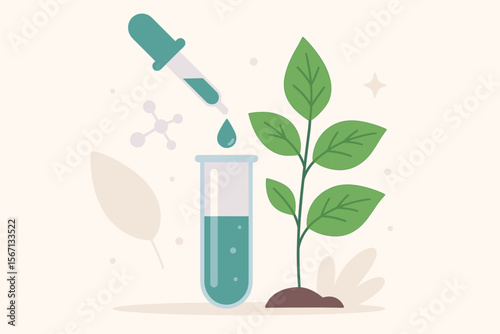 Dropper over test tube with green plant. Biotechnology research, natural extract, and herbal medicine concept. Science lab experiment for agriculture or botany. Modern flat vector.