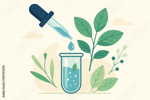 Biotechnology research concept with dropper adding liquid to test tube with plant leaf. Natural extract, herbal science experiment for organic cosmetic and medicine development.