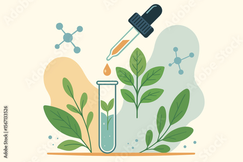 Plant biotechnology research concept with dropper, test tube and green leaves. Herbal medicine or organic cosmetic development. Natural extract experiment in a science laboratory.