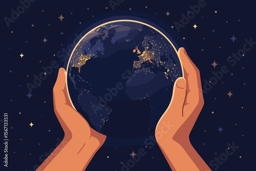 Human hands holding planet Earth at night in space. Concept of care, save the world, global responsibility. Environmental protection, ecology, conservation. Earth Day vector illustration.