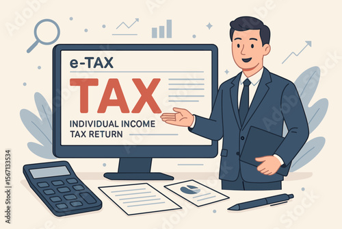 E-tax concept with a businessman filing an individual income tax return form online. A financial advisor helps with tax payment and preparation. Government state taxes and data analysis.