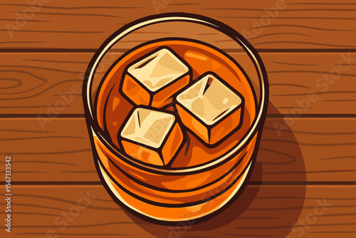 Glass of whiskey with ice on a wooden table background, top view. Modern flat vector cartoon illustration of an alcoholic beverage. Bourbon or scotch drink on the rocks concept.