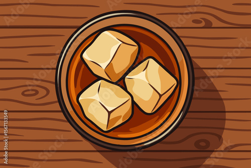 Glass of whiskey with ice on a wooden background. Top view of a strong alcoholic beverage. Cartoon vector illustration of bourbon or scotch on the rocks. Bar menu concept.