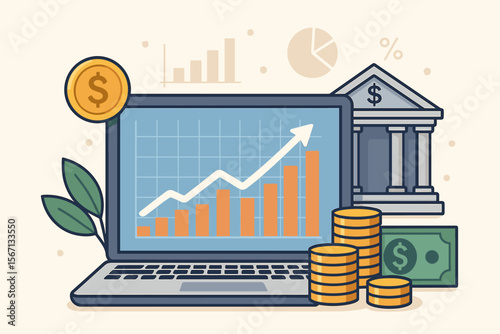 Finance and banking concept. Laptop with stock market data and economic growth graph chart. Investment success, financial analysis and profit. Money, coins, bank vector illustration.