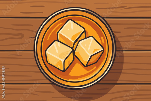 Glass of whiskey with ice on a wooden table background, top view. Bourbon or scotch on the rocks. Alcoholic beverage concept for a bar menu. Modern flat vector cartoon illustration.