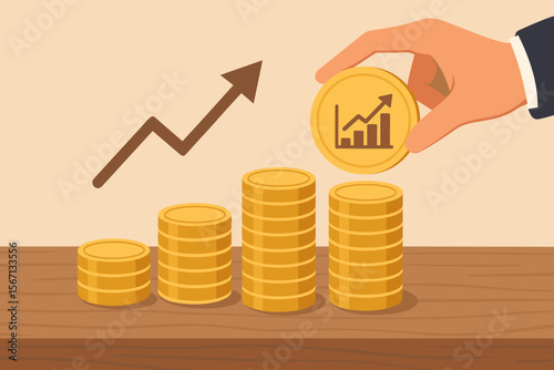 Financial investment growth concept with hand stacking golden coins. Business success, profit, and wealth accumulation. Money saving and banking. Upward arrow chart. Flat vector cartoon.