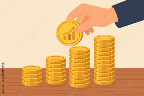 Hand stacking golden coins forming a growing bar chart. Financial investment and savings concept. Business profit growth, income increase, wealth accumulation, money management.